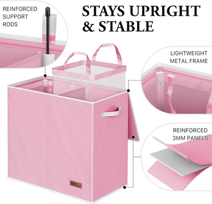 Double Laundry Hamper with Lid & Removable Bags, Pink
