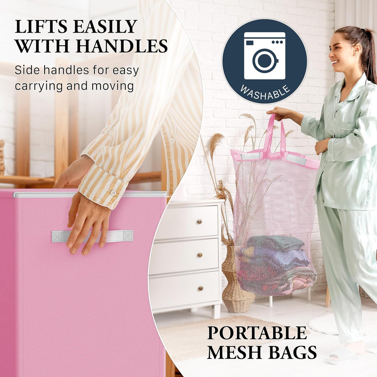 Double Laundry Hamper with Lid & Removable Bags, Pink