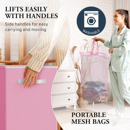 Double Laundry Hamper with Lid & Removable Bags, Pink