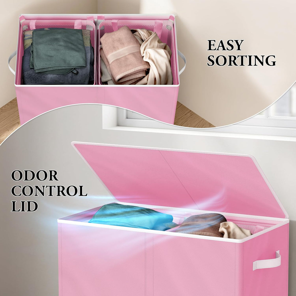 Double Laundry Hamper with Lid & Removable Bags, Pink