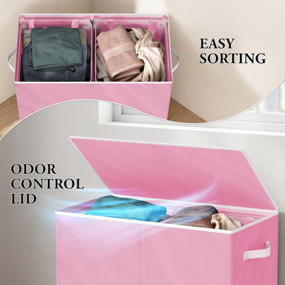 Double Laundry Hamper with Lid & Removable Bags, Pink