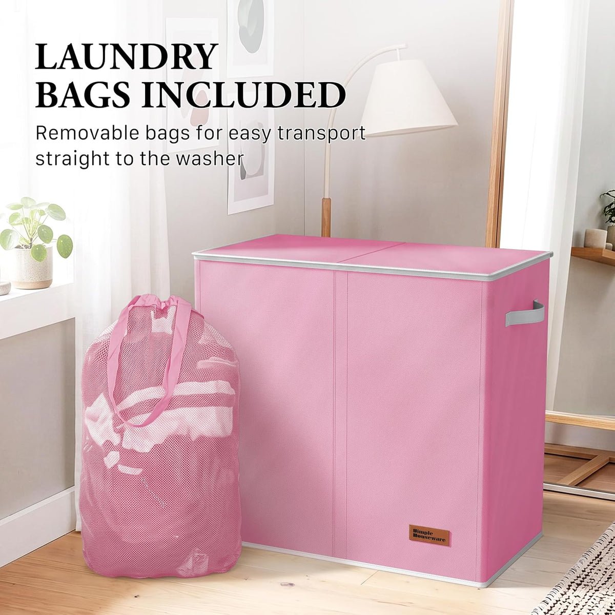 Double Laundry Hamper with Lid & Removable Bags, Pink