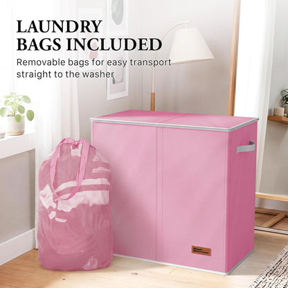 Double Laundry Hamper with Lid & Removable Bags, Pink