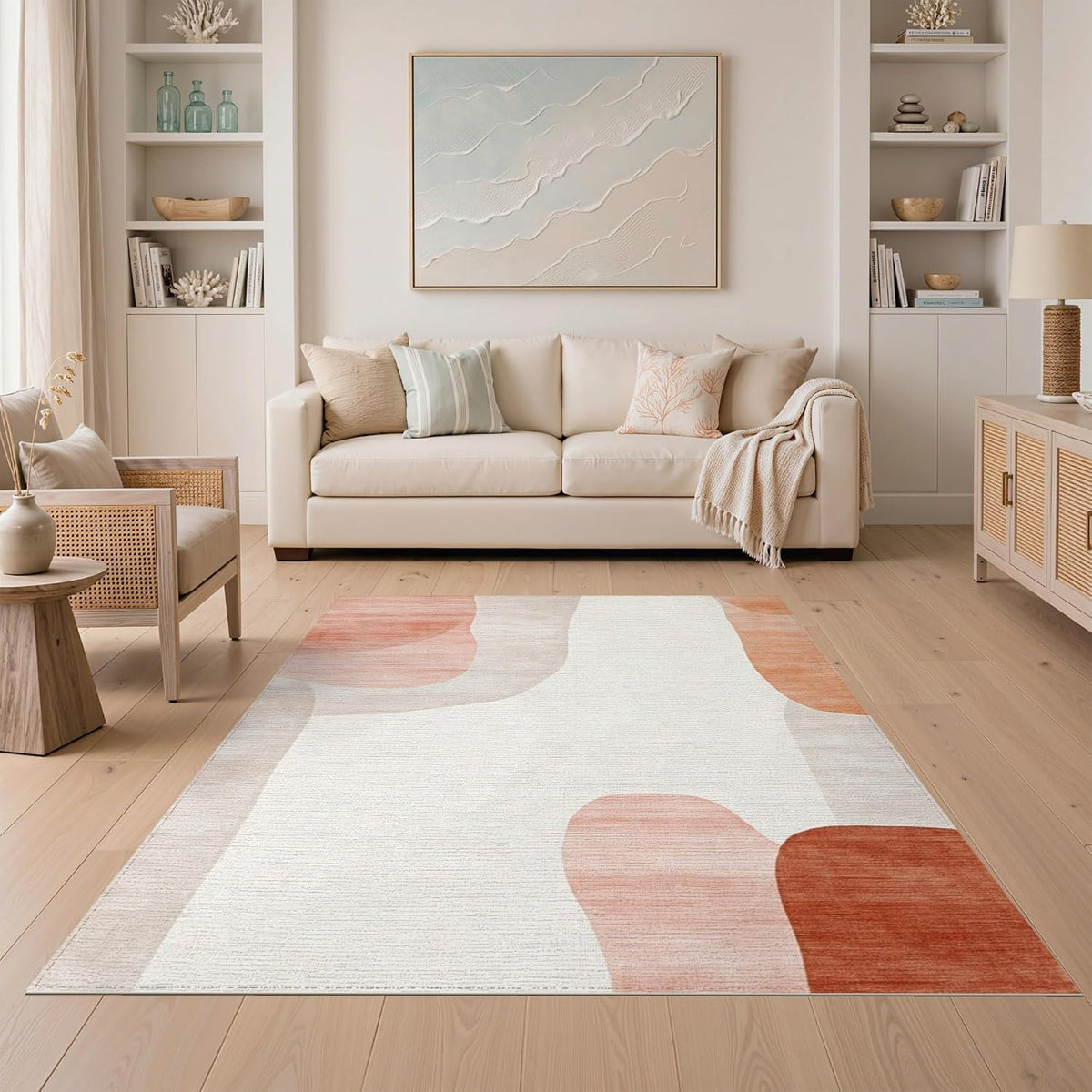 Flatwoven High Traffic Area Rug 5x7, Blush & Ivory Abstract Brushstroke Rug Artistic Flair, Non Slip, Stain Resistant, Washable Area Rugs for Living Room, Bedroom (Peach, 5x7)
