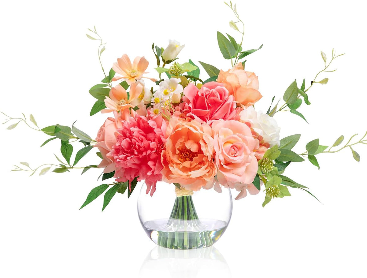 Artificial Flowers in Vase with Fake Water, Silk Peony Rose Flower Bouquet with Vase for Home Spring Decor Wedding Birthday Party Dining Table Centerpieces & Gift (Coral & Peach Plus)