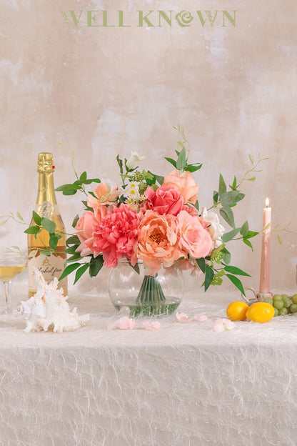 Artificial Flowers in Vase with Fake Water, Silk Peony Rose Flower Bouquet with Vase for Home Spring Decor Wedding Birthday Party Dining Table Centerpieces & Gift (Coral & Peach Plus)