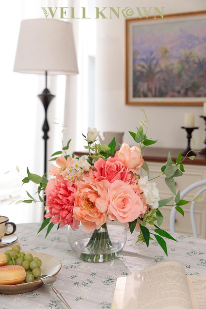 Artificial Flowers in Vase with Fake Water, Silk Peony Rose Flower Bouquet with Vase for Home Spring Decor Wedding Birthday Party Dining Table Centerpieces & Gift (Coral & Peach Plus)