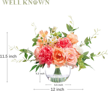Artificial Flowers in Vase with Fake Water, Silk Peony Rose Flower Bouquet with Vase for Home Spring Decor Wedding Birthday Party Dining Table Centerpieces & Gift (Coral & Peach Plus)