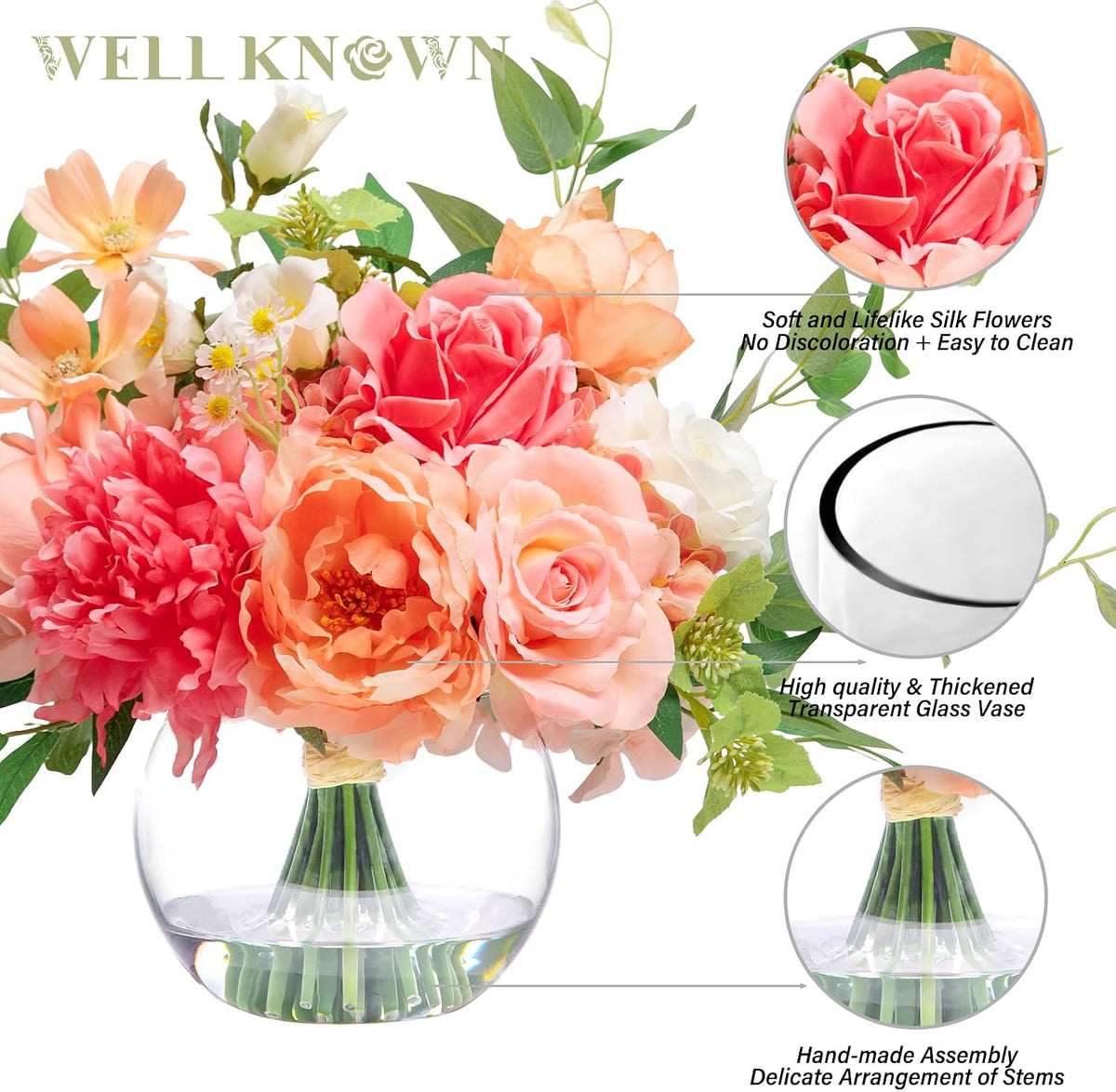 Artificial Flowers in Vase with Fake Water, Silk Peony Rose Flower Bouquet with Vase for Home Spring Decor Wedding Birthday Party Dining Table Centerpieces & Gift (Coral & Peach Plus)