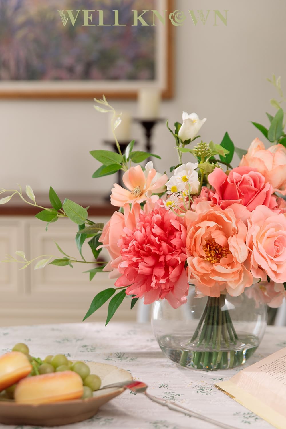 Artificial Flowers in Vase with Fake Water, Silk Peony Rose Flower Bouquet with Vase for Home Spring Decor Wedding Birthday Party Dining Table Centerpieces & Gift (Coral & Peach Plus)