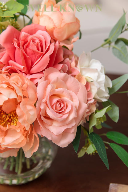 Artificial Flowers in Vase with Fake Water, Silk Peony Rose Flower Bouquet with Vase for Home Spring Decor Wedding Birthday Party Dining Table Centerpieces & Gift (Coral & Peach Plus)