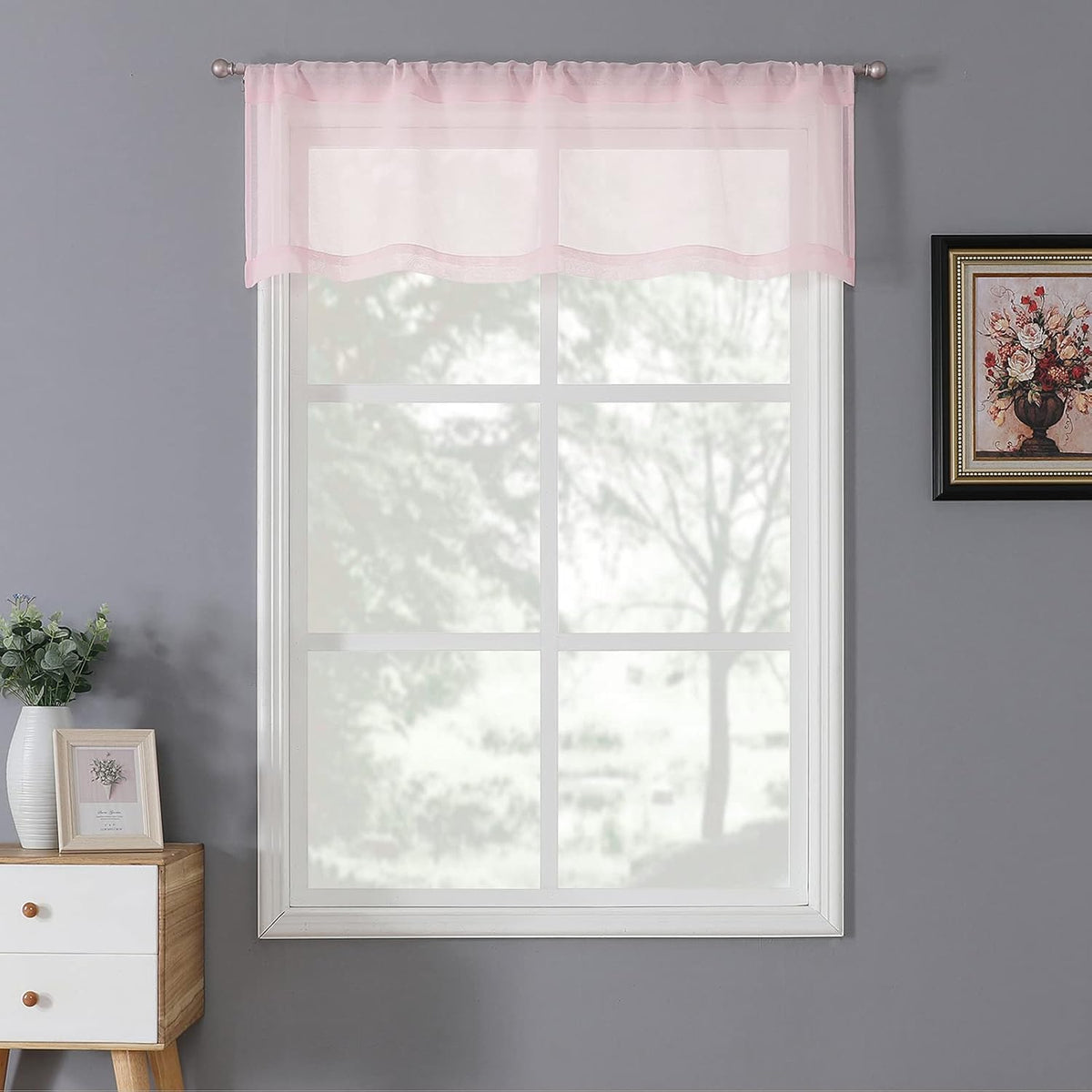 Sheer Valance Linen Textured Bedroom Valance Curtains Sheer Light Filtering Rod Pocket Voile Curtain Valances for Living Room, 54 x 16 inches Long, Pink, Set of 1 Panel