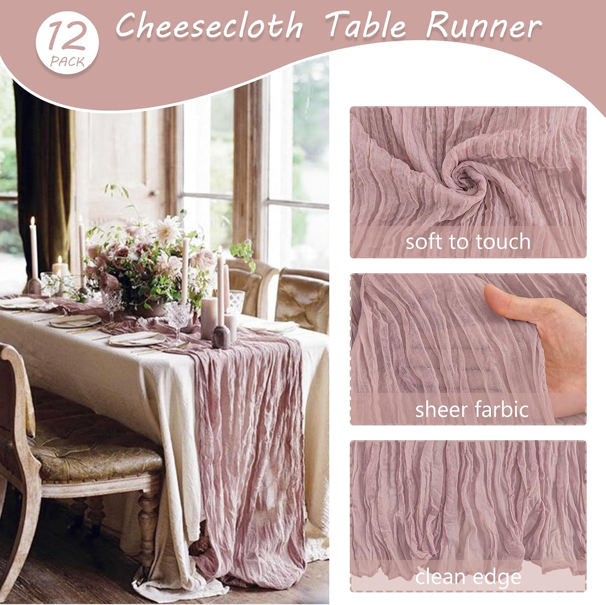 35x72 Inch Dusty Pink Cheesecloth Table Runner Boho Wedding Party Decor