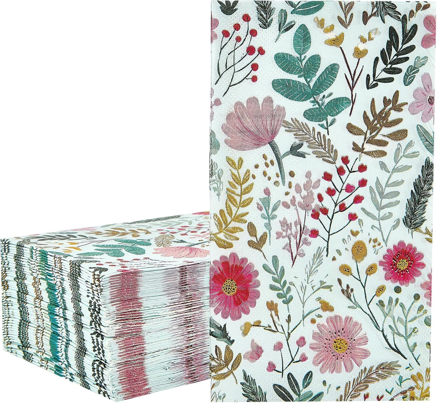 Ottin Wildflower Paper Napkins, 60pcs, 3-Ply Pink Floral with Green Leaf Disposable Guest Towels for Indoor & Outdoor Spring Party, Wedding, Bridal Shower, Engagement, Birthday Party & Bathroom