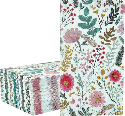 Ottin Wildflower Paper Napkins, 60pcs, 3-Ply Pink Floral with Green Leaf Disposable Guest Towels for Indoor & Outdoor Spring Party, Wedding, Bridal Shower, Engagement, Birthday Party & Bathroom