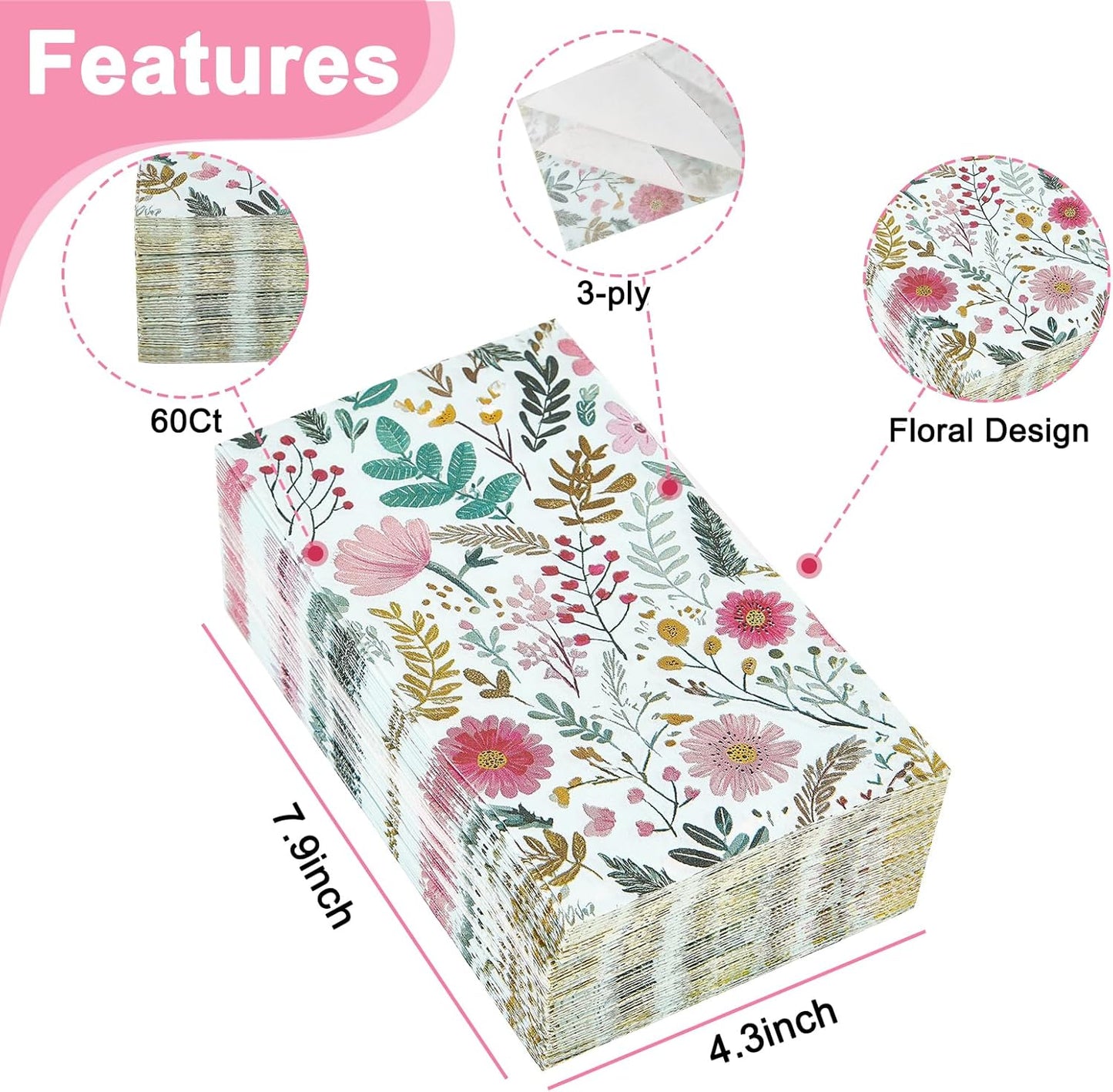 Ottin Wildflower Paper Napkins, 60pcs, 3-Ply Pink Floral with Green Leaf Disposable Guest Towels for Indoor & Outdoor Spring Party, Wedding, Bridal Shower, Engagement, Birthday Party & Bathroom