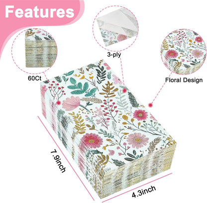 Ottin Wildflower Paper Napkins, 60pcs, 3-Ply Pink Floral with Green Leaf Disposable Guest Towels for Indoor & Outdoor Spring Party, Wedding, Bridal Shower, Engagement, Birthday Party & Bathroom