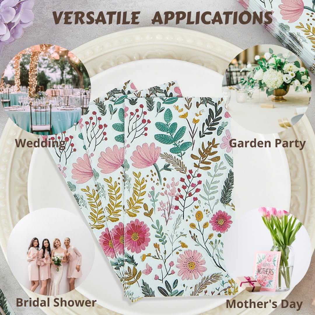 Ottin Wildflower Paper Napkins, 60pcs, 3-Ply Pink Floral with Green Leaf Disposable Guest Towels for Indoor & Outdoor Spring Party, Wedding, Bridal Shower, Engagement, Birthday Party & Bathroom
