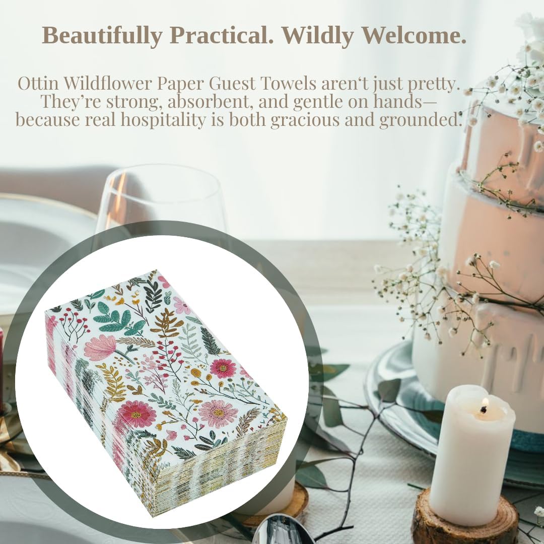 Ottin Wildflower Paper Napkins, 60pcs, 3-Ply Pink Floral with Green Leaf Disposable Guest Towels for Indoor & Outdoor Spring Party, Wedding, Bridal Shower, Engagement, Birthday Party & Bathroom