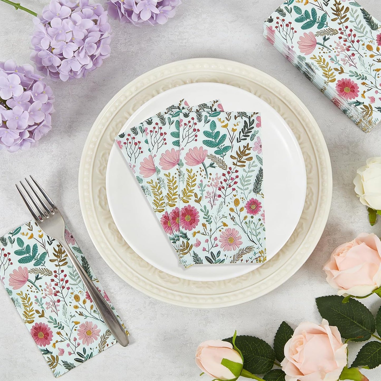 Ottin Wildflower Paper Napkins, 60pcs, 3-Ply Pink Floral with Green Leaf Disposable Guest Towels for Indoor & Outdoor Spring Party, Wedding, Bridal Shower, Engagement, Birthday Party & Bathroom