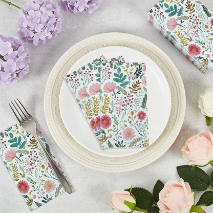 Ottin Wildflower Paper Napkins, 60pcs, 3-Ply Pink Floral with Green Leaf Disposable Guest Towels for Indoor & Outdoor Spring Party, Wedding, Bridal Shower, Engagement, Birthday Party & Bathroom