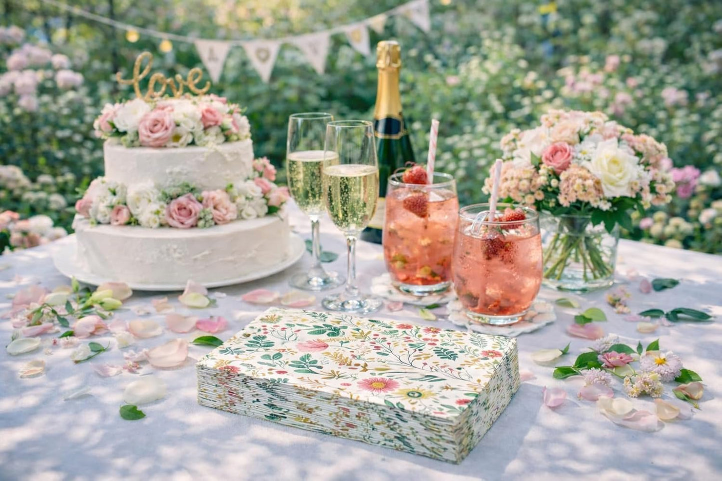 Ottin Wildflower Paper Napkins, 60pcs, 3-Ply Pink Floral with Green Leaf Disposable Guest Towels for Indoor & Outdoor Spring Party, Wedding, Bridal Shower, Engagement, Birthday Party & Bathroom