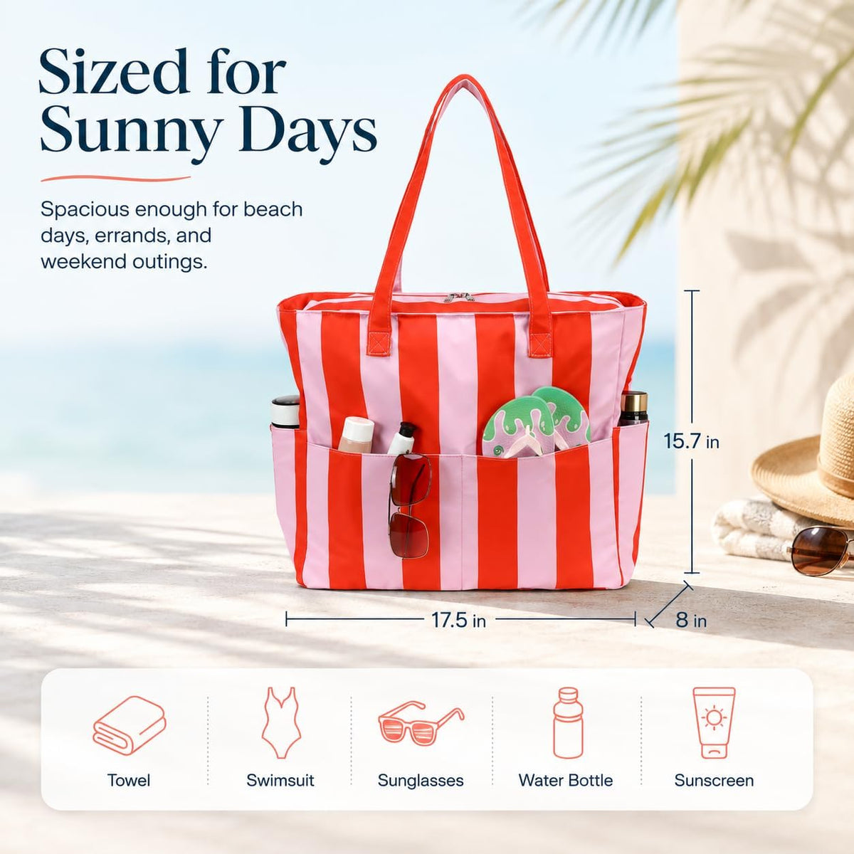 Large Beach Bag for Women, Waterproof Sandproof Tote Bag with Zipper