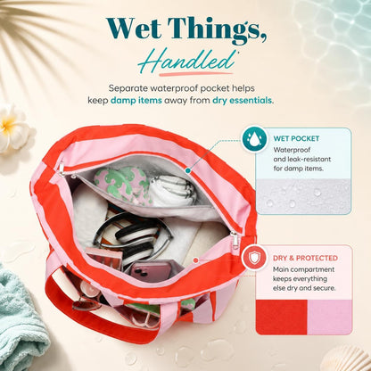 Large Beach Bag for Women, Waterproof Sandproof Tote Bag with Zipper
