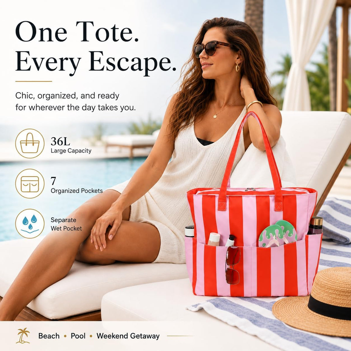 Large Beach Bag for Women, Waterproof Sandproof Tote Bag with Zipper