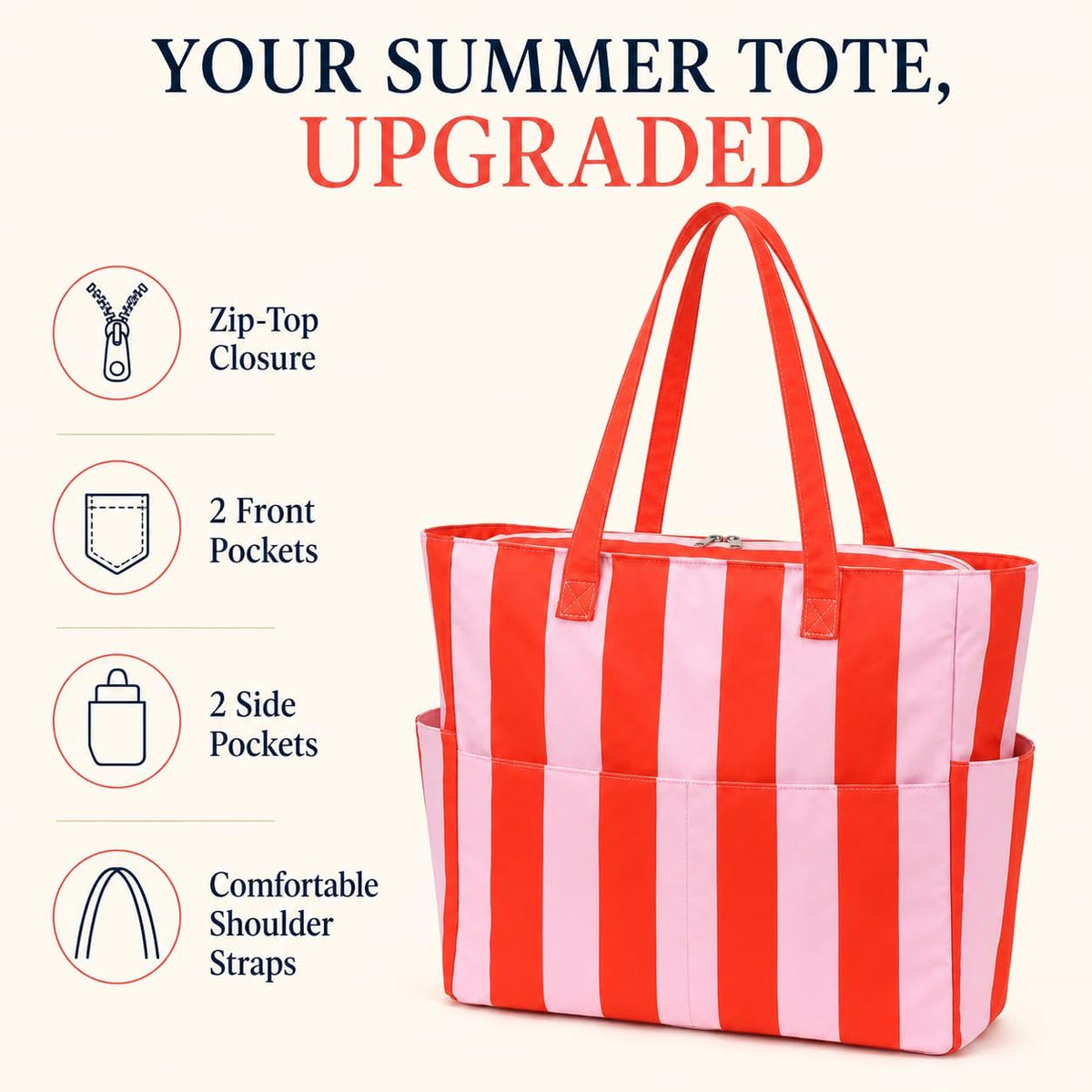 Large Beach Bag for Women, Waterproof Sandproof Tote Bag with Zipper