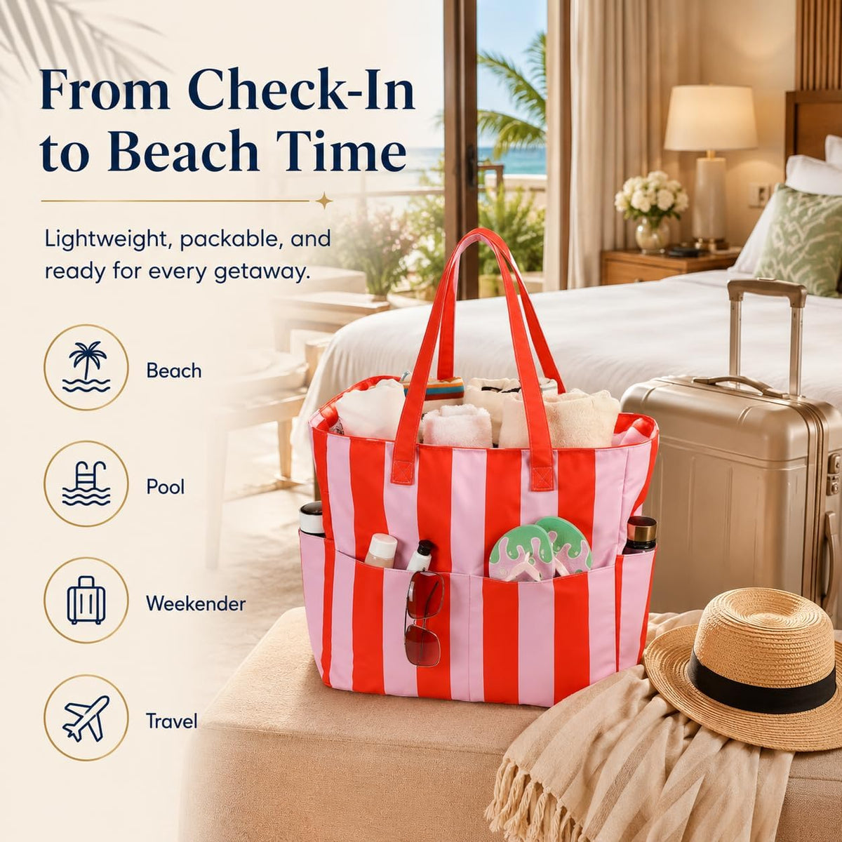 Large Beach Bag for Women, Waterproof Sandproof Tote Bag with Zipper