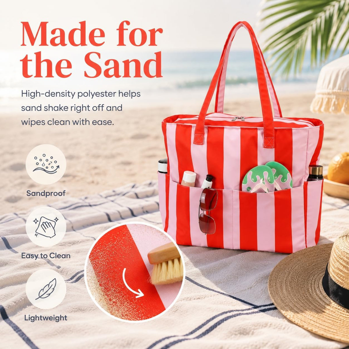 Large Beach Bag for Women, Waterproof Sandproof Tote Bag with Zipper