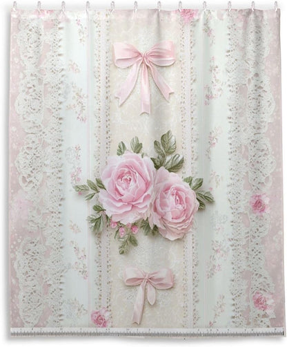 Shower Curtains White Lace Pink Flowers Curtain，Waterproof Fabric Decor Shower Curtains for Bathroom Set with 12 Hooks，60” x 72”