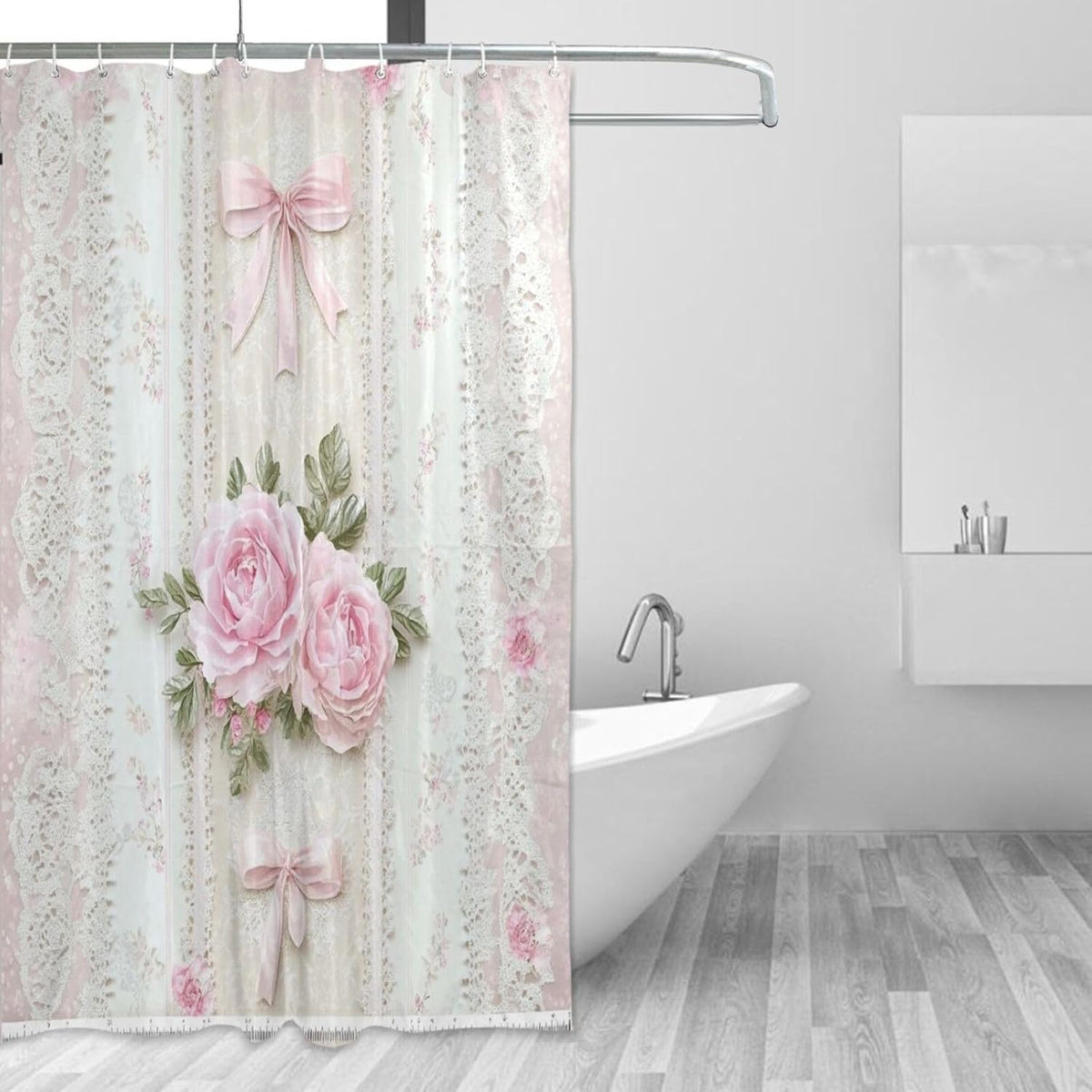 Shower Curtains White Lace Pink Flowers Curtain，Waterproof Fabric Decor Shower Curtains for Bathroom Set with 12 Hooks，60” x 72”