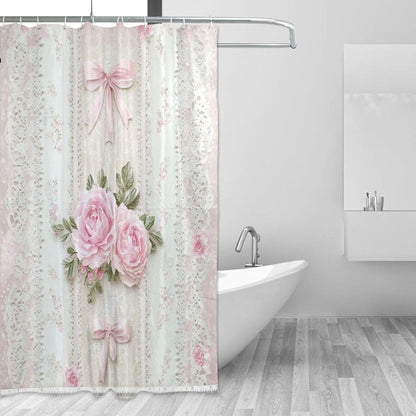 Shower Curtains White Lace Pink Flowers Curtain，Waterproof Fabric Decor Shower Curtains for Bathroom Set with 12 Hooks，60” x 72”
