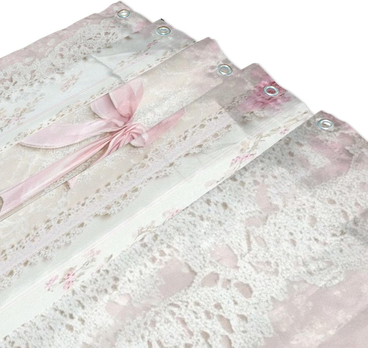Shower Curtains White Lace Pink Flowers Curtain，Waterproof Fabric Decor Shower Curtains for Bathroom Set with 12 Hooks，60” x 72”