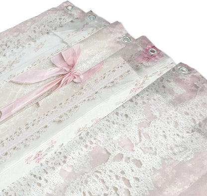 Shower Curtains White Lace Pink Flowers Curtain，Waterproof Fabric Decor Shower Curtains for Bathroom Set with 12 Hooks，60” x 72”