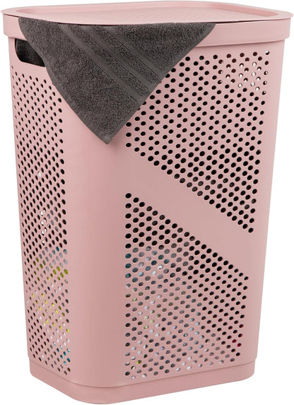 Slim Laundry Hamper with Lid, 60L Clothes Basket, Ventilated Plastic, Pink