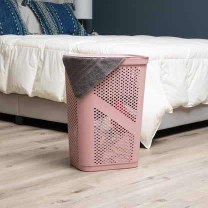 Slim Laundry Hamper with Lid, 60L Clothes Basket, Ventilated Plastic, Pink