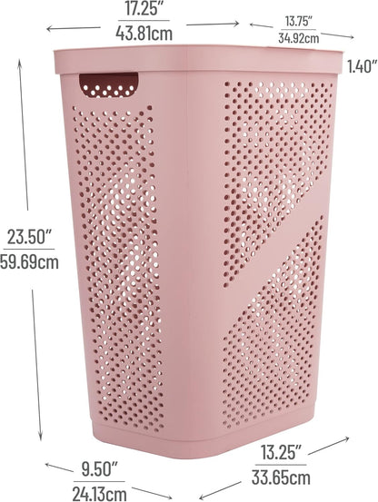 Slim Laundry Hamper with Lid, 60L Clothes Basket, Ventilated Plastic, Pink