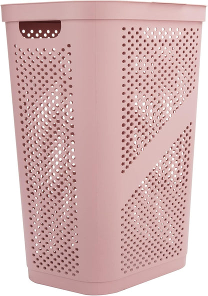 Slim Laundry Hamper with Lid, 60L Clothes Basket, Ventilated Plastic, Pink