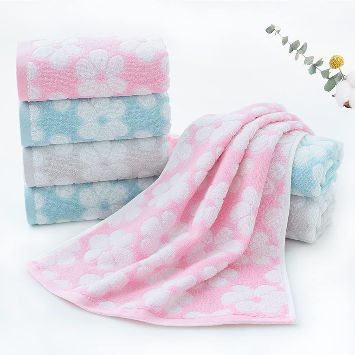 Floral Cotton Hand Towels Set of 4 for Bathroom (Pink)