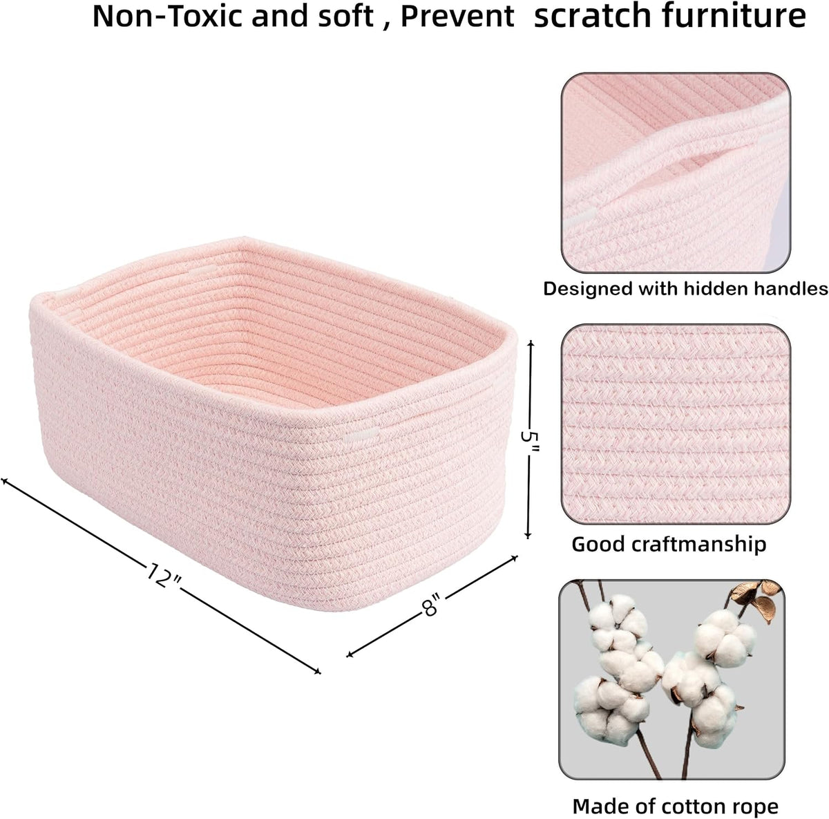 Small Woven Storage Baskets for Shelves, 12" x 8" x 5", Pink
