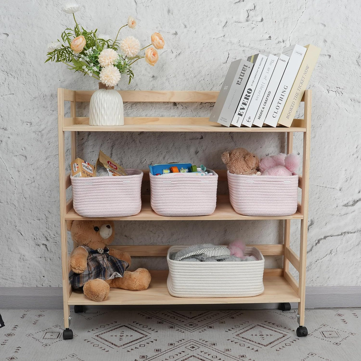 Small Woven Storage Baskets for Shelves, 12" x 8" x 5", Pink