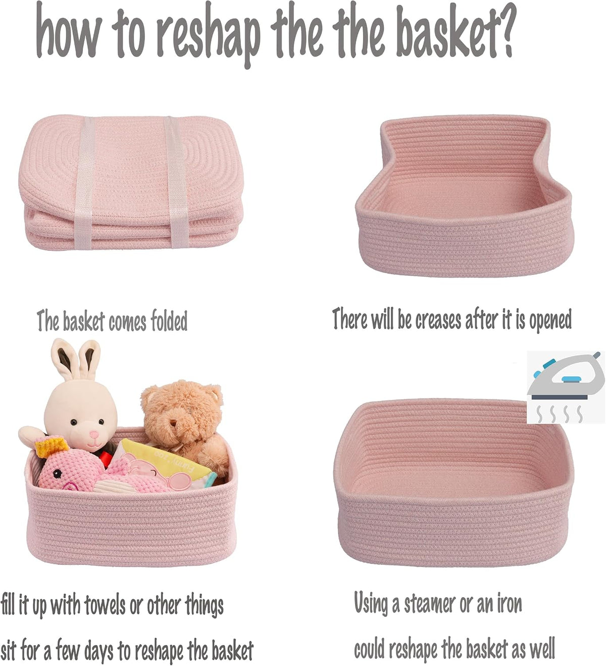 Small Woven Storage Baskets for Shelves, 12" x 8" x 5", Pink