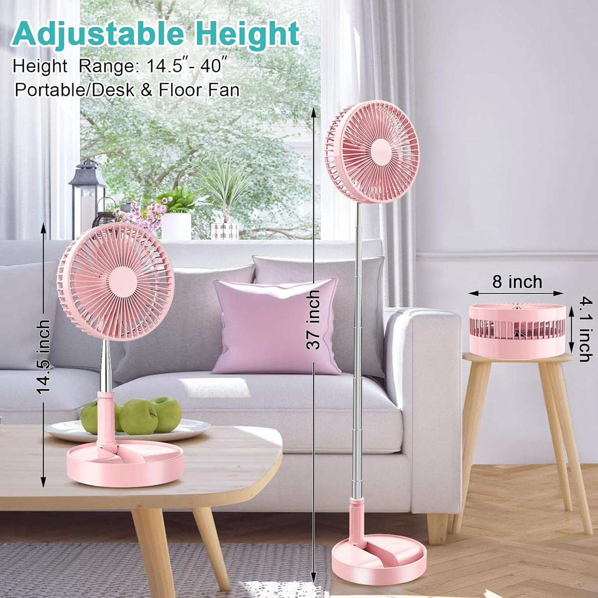 Flodaway Fan Rechargeable, Fold Away Fans Portable for Traveling Foldable Compact, Desk and Floor Fan 7200mAh Portable Folding Fan Battery Operated Adjustable 14.5-40"