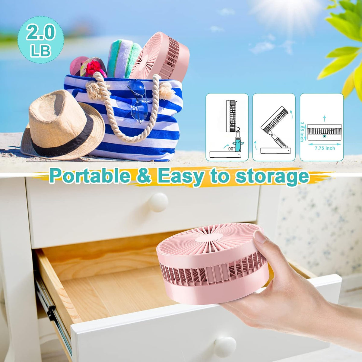 Flodaway Fan Rechargeable, Fold Away Fans Portable for Traveling Foldable Compact, Desk and Floor Fan 7200mAh Portable Folding Fan Battery Operated Adjustable 14.5-40"