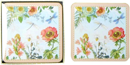 Set of 4 MDF Wood Square Coasters for Tea Coffee Cups Mugs Drinks Glass, Floral Design in a Gift Box (Pink)