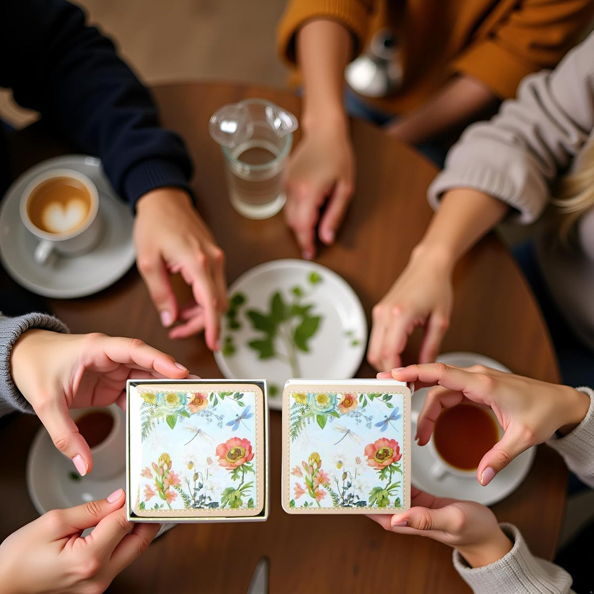 Set of 4 MDF Wood Square Coasters for Tea Coffee Cups Mugs Drinks Glass, Floral Design in a Gift Box (Pink)