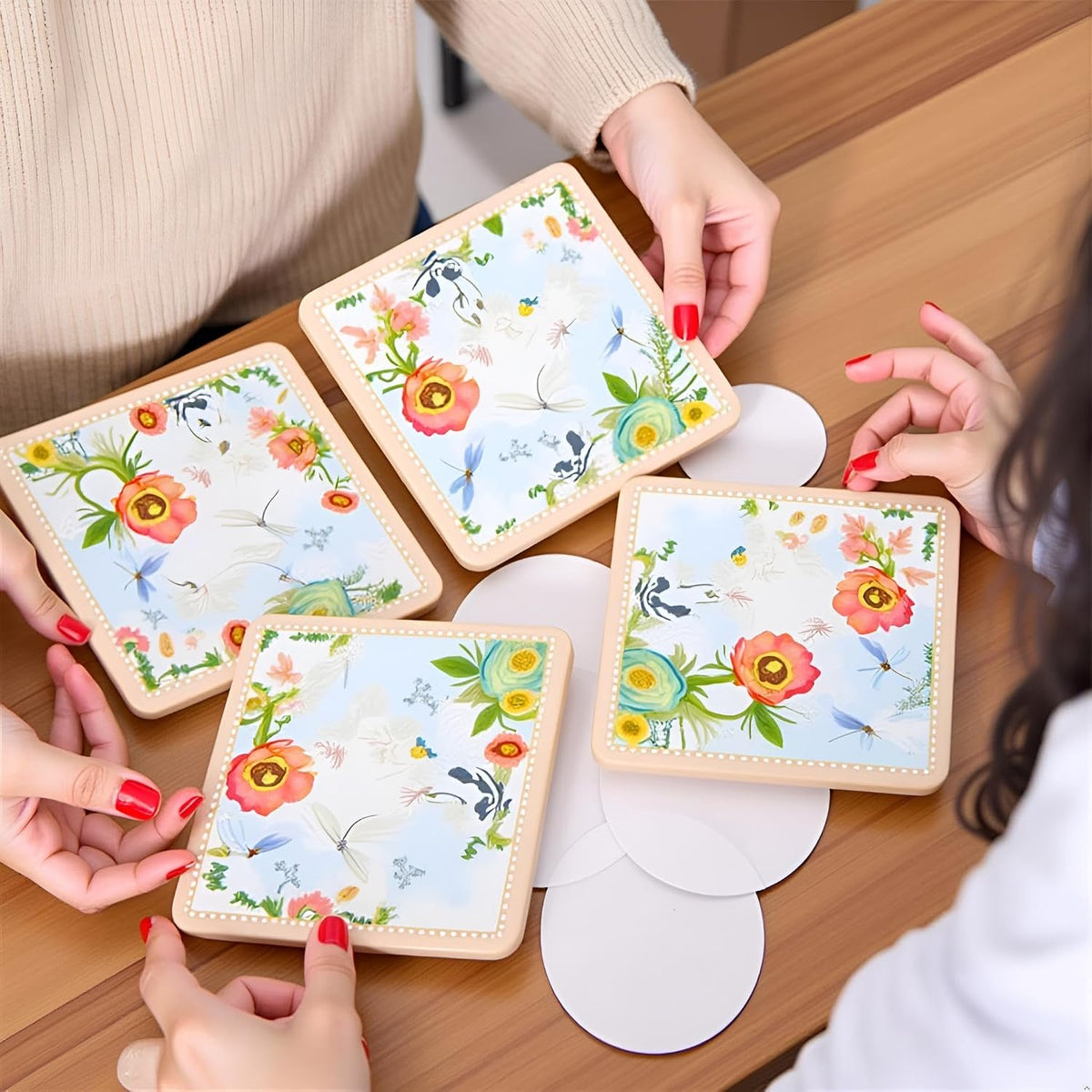 Set of 4 MDF Wood Square Coasters for Tea Coffee Cups Mugs Drinks Glass, Floral Design in a Gift Box (Pink)